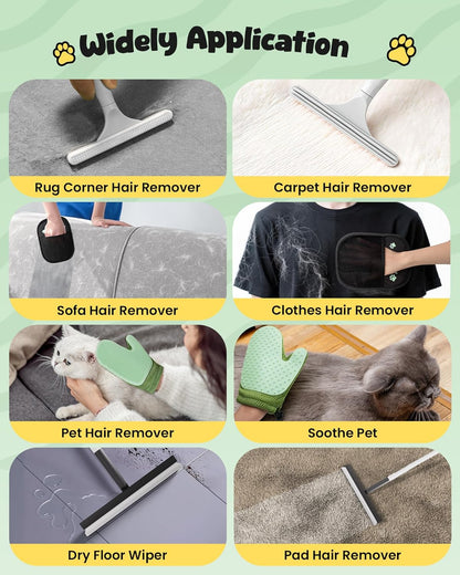 Carpet Rake for Pet Hair Removal Tool - 4 in 1 Pet Hair Remover Kit for Dog Cat Fur Remover, Contain 60" Adjustable Rubber Broom, Glove, Magic Brush and Scraper for Furniture,Short Pile Carpets, Mats