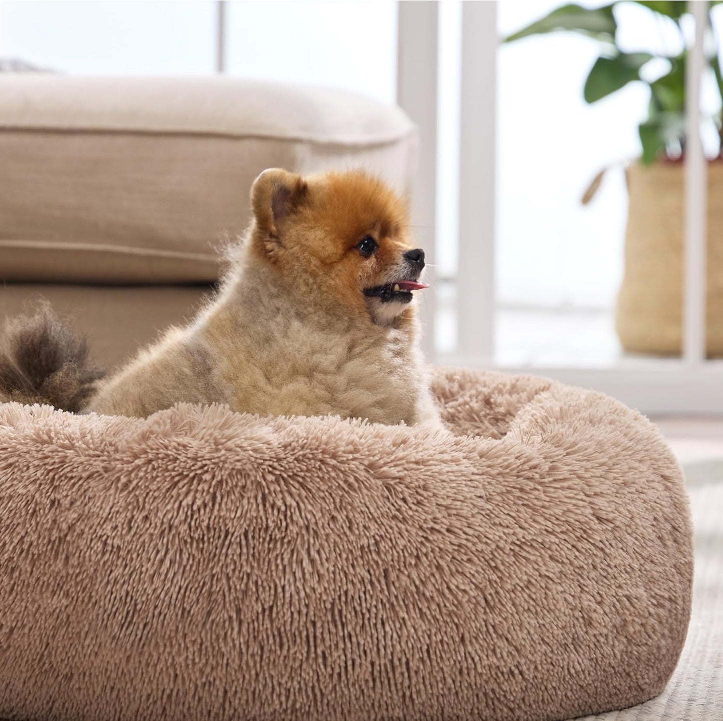 Bedsure Calming Dog Bed Medium Size Dog - Donut Washable Medium Pet Bed, 30 inches Anti-Slip Round Fluffy Plush Faux Fur Cat Bed, Fits up to 45 lbs Pets, Camel