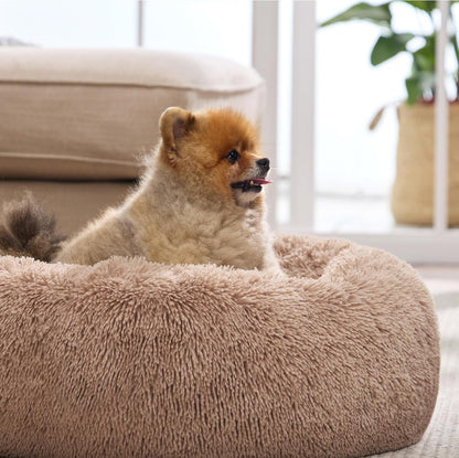 Bedsure Calming Dog Bed Medium Size Dog - Donut Washable Medium Pet Bed, 30 inches Anti-Slip Round Fluffy Plush Faux Fur Cat Bed, Fits up to 45 lbs Pets, Camel
