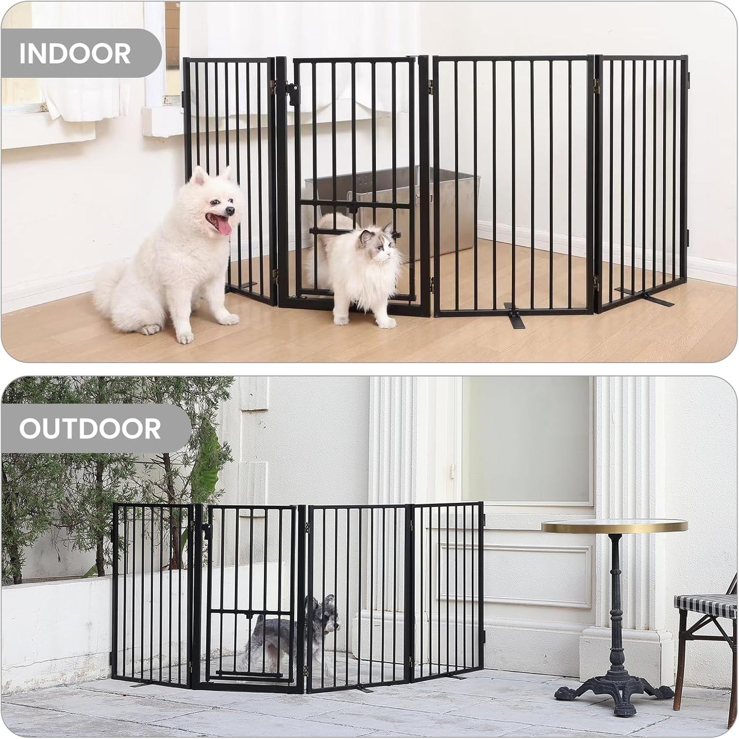 Metal Freestanding Dog Gate with Cat Door for Outdoor Indoor,80" Extra Wide Foldable Pet Fence,30" Tall Dog Gate for Large Opening,Stairs,Hallways,Doorways,Deck,Yard,with 3PCS Support(4 Panels,Black)