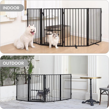 Metal Freestanding Dog Gate with Cat Door for Outdoor Indoor,80" Extra Wide Foldable Pet Fence,30" Tall Dog Gate for Large Opening,Stairs,Hallways,Doorways,Deck,Yard,with 3PCS Support(4 Panels,Black)