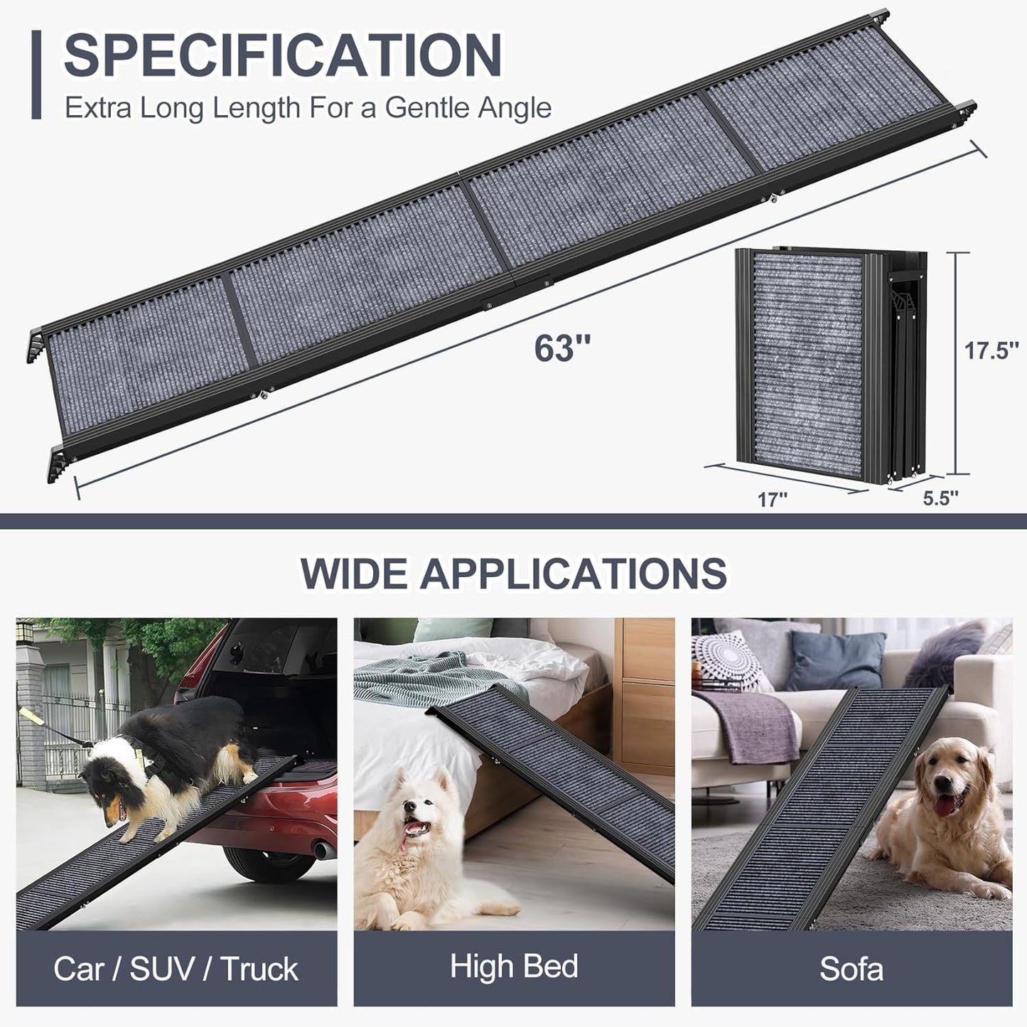 Dog Ramp for Car 71" Extra Long & 17.2" Wide Folding Dog Ramps for Large Dogs with Non-Slip Rug Surface Portable Dog Car Ramp for SUV Car & Truck, Outdoor Dog Ramp Up to 270 LBS