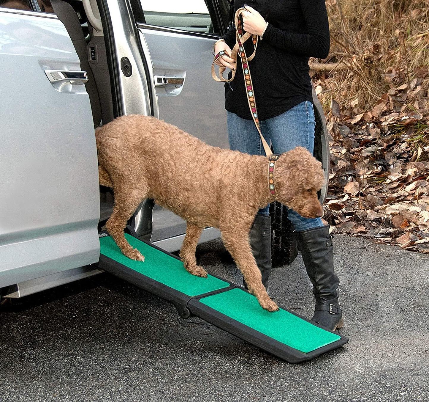 Pet Gear SupertraX Ramps for Dogs and Cats, Maximum Traction Surface, Portable/Easy-Fold (No Tools Required), Built in Handle for Travel, 5 Models, 42" L X 16" W, Supports 150 lbs, Wheat
