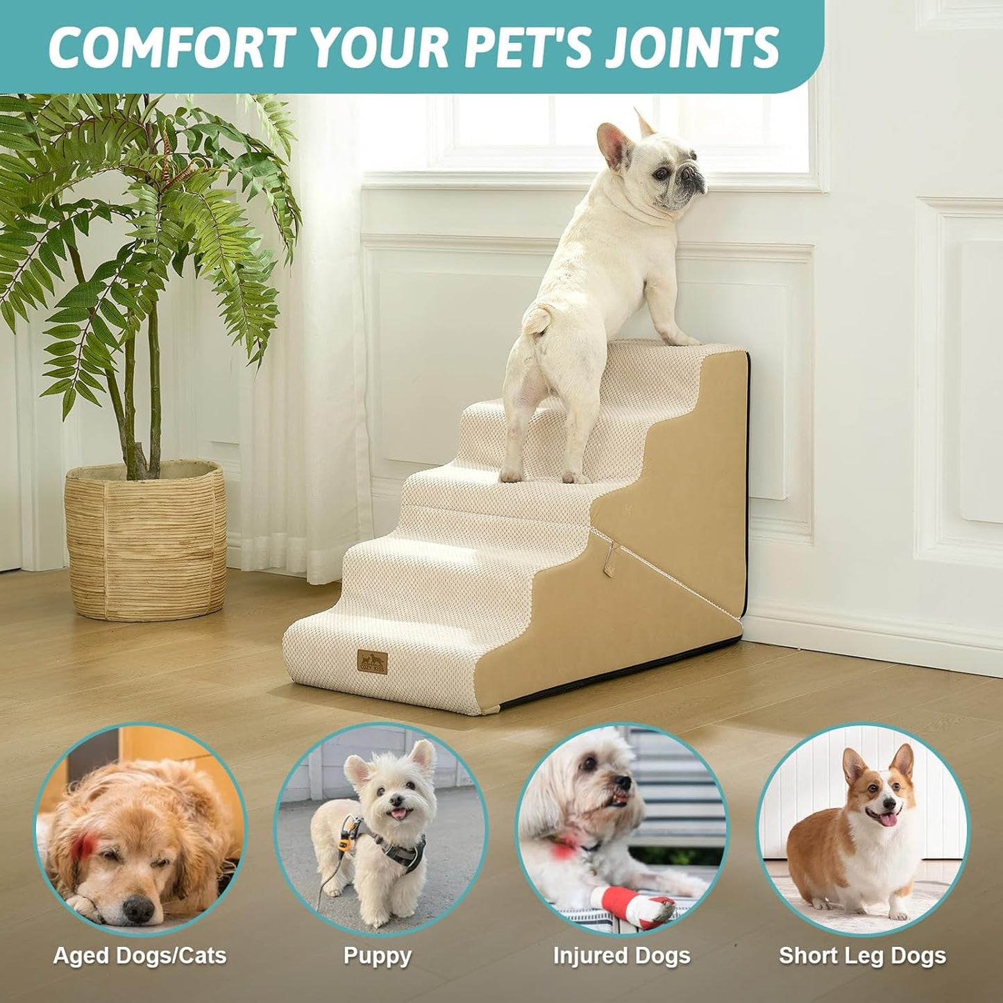 COZY KISS Dog Stairs for Small Dogs, 3-Step 2 in 1 Transformable Pet Stairs for Couch and Bed, 15.7" H Dog Steps for Old Cats, Puppy, Small Dogs (Beige, 17.7x28.3x19.7 in, 4.0)
