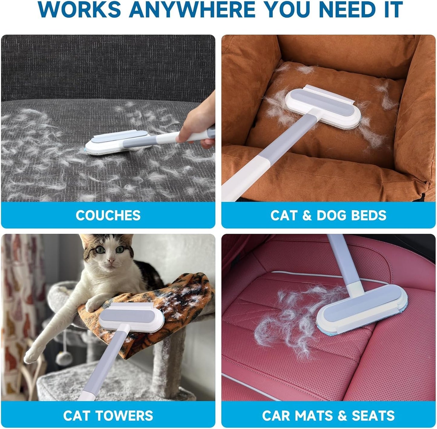 No Kneeling Pet Hair Remover – 4-in-1 Reusable Tool for Dog & Cat Hair, Standard Handle (17.7") for Furniture & Car Seats – Back-Saver, 1-Pack