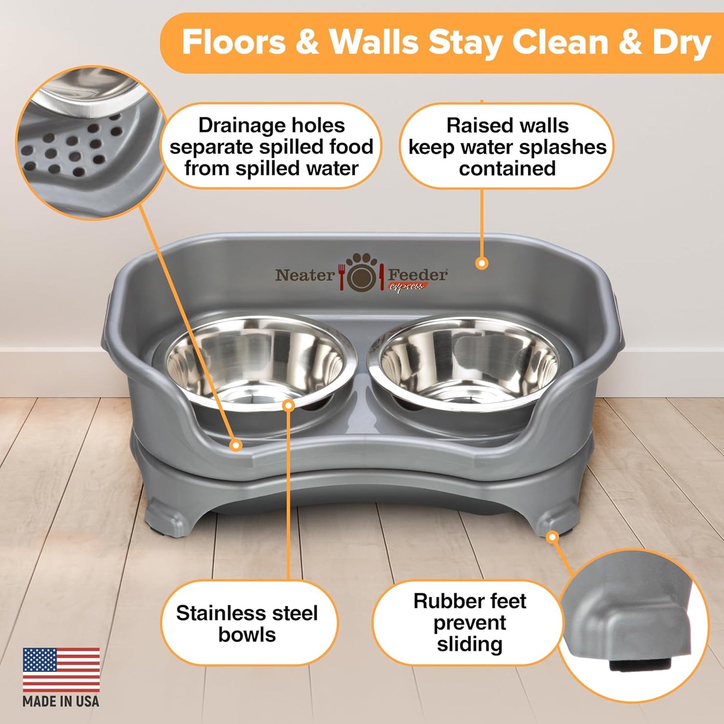 Neater Feeder Express Mess Proof Dog Bowls Elevated for Small Breeds under 15 Lb, Made in USA, No Spill Raised Dog Food Bowl Stand, Stainless Steel Food and Water Bowl Set, Feeding Station, Cappuccino