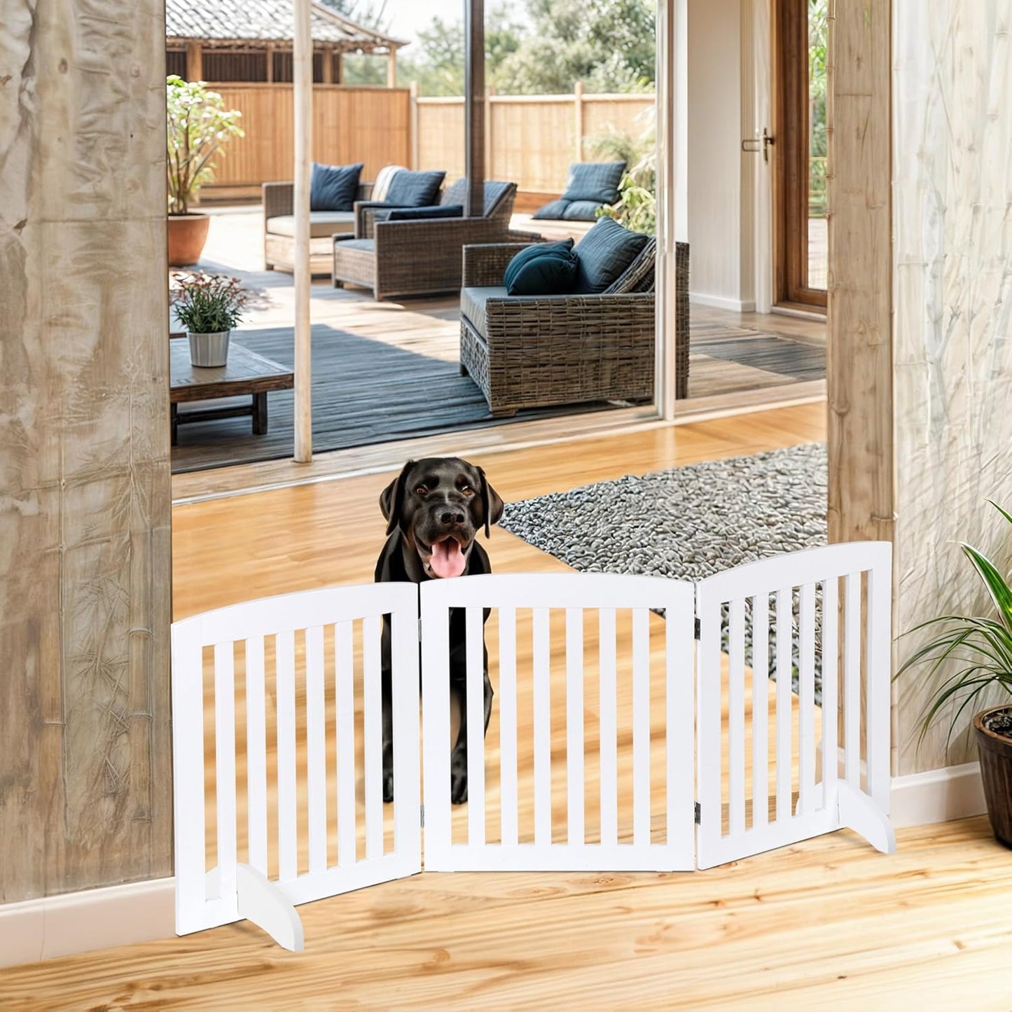 Freestanding Pet Dog Gate 36 Inch Foldable Fence Indoor 3 Panel Extra Wide Wooden Dog Door for Stairs Hallways Doorways
