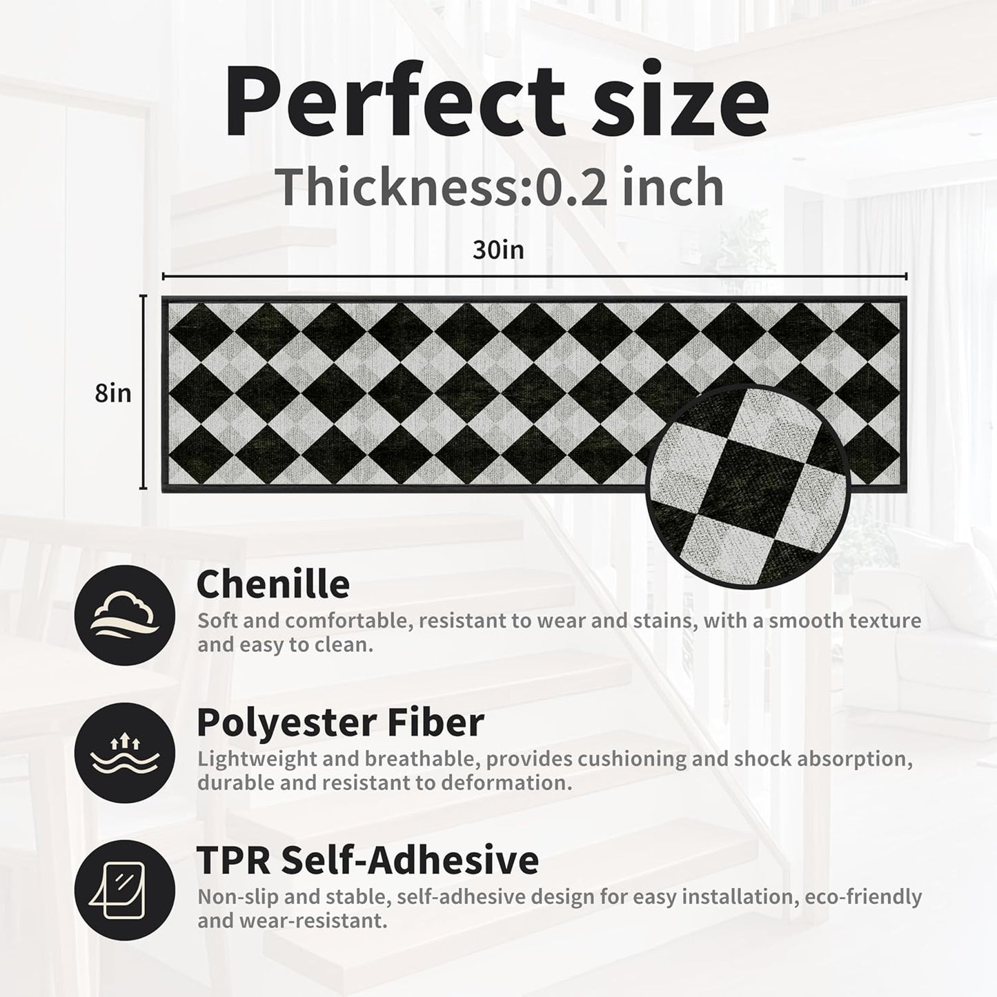 Non-Slip Stair Treads for Wooden Steps 15pcs,8"x30" Stair Carpet Treads for Indoor Use,Peel and Stick Stair Runners,Washable Reusable Adhesive Backing,Pet-Friendly Stair Capet for Kids,Elders,Dogs