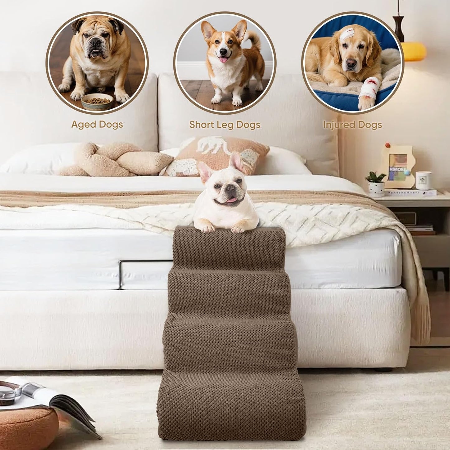 PAWSCRAT Pet Stairs for Dogs 4-Step, 19.6" H Pet Stairs for High Bed, Couch Sofa & Chair, 30D Material Soft Foam Dog Steps with Non-Slip Bottom Surface Removable Washable Cover, Grey