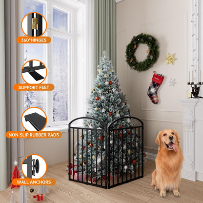 SNUOWU 4 Panels Full Matel Freestanding Dog Gates with Door, 96"Extra Wide 32"Tall Free Standing Dog Pet Gate for Indoor & Outdoor. Foldable Pet Fences for Doorways, House, Stairs, Porch, Deck, Yard