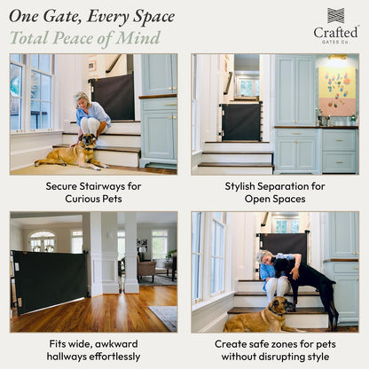 Crafted Gates Oil Waxed Canvas Fabric Retractable Dog Gate Indoor & Outdoor 27.6"–55" Wide x 33" Tall – Premium Designer-Grade Stair Gate for Dogs, Water Resistant, Scratch-Proof – Black