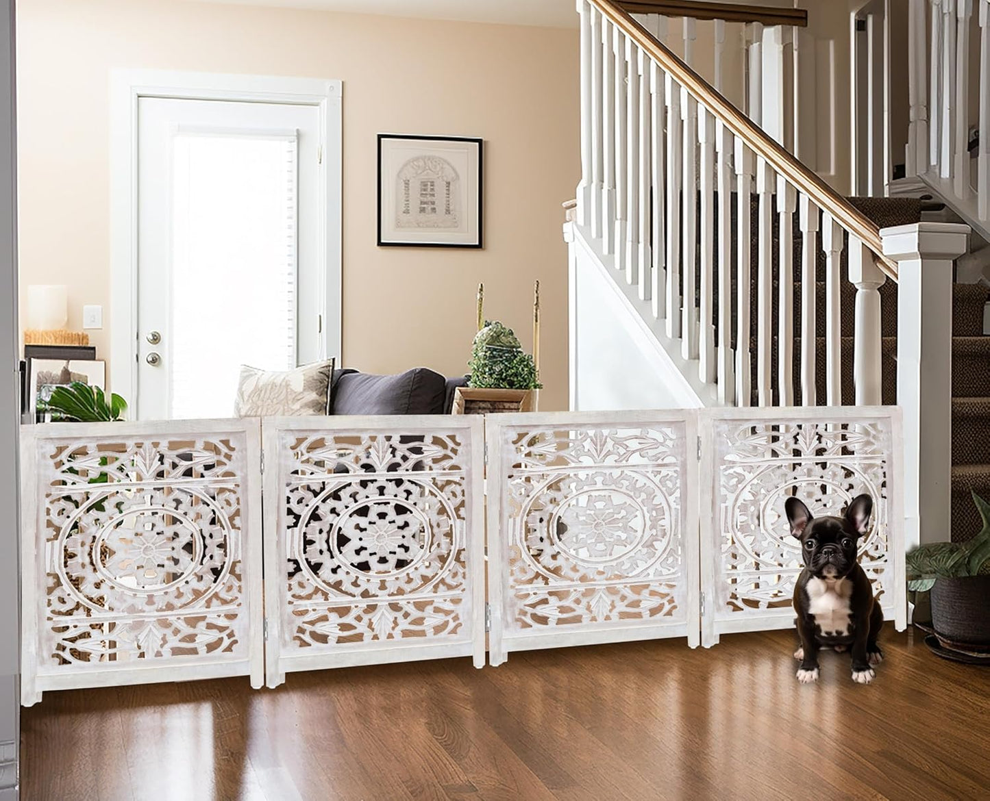 Croft&Cane Wooden Foldable Pet Dog Safety Gate – 3 Panel Freestanding Indoor Pet Fence (20 inches W x 24 inches H) – Hand-Carved Solid Wood & MDF – Fully Assembled - Antique Brown