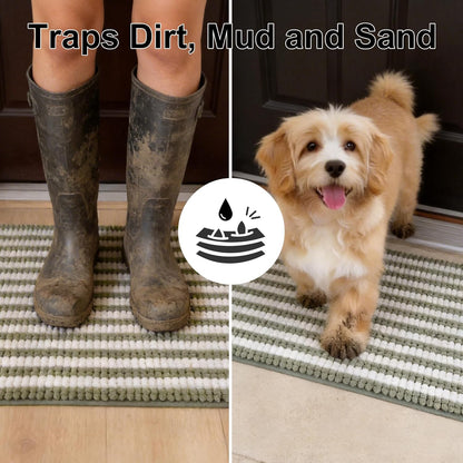 pobopobo Dog Door Mat for Muddy Paws - Absorbent & Washable Chenille Rug, Non-Slip Dirt Trapper for Indoor Outdoor Entryway, Quick Dry Pet Mat for Muddy Dogs (Striped Gray-Blue&White, 24" x 16")