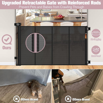 Reinforced 56" Wide Retractable Baby Gates for Doorways with Support Rods - Prevent Crawling Under Retractable Gate, Mesh Pet Gate for Stairs Retractable Dog Gates for The House Indoor/Outdoor, Black