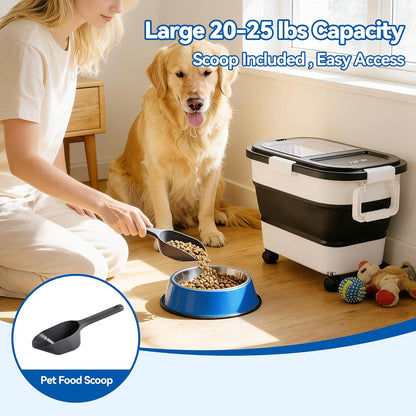 Dog Food Storage Container 30-40lbs, Airtight Pet Food Bin with Locking Lid & Clear Window, Collapsible Rolling Storage Container with Wheels & Scoop, Gray