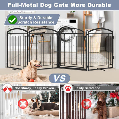 Full Metal Free Standing Dog Gate with Door for Indoor & Outdoor,96'' Extra Wide 32'' Tall Dog Gate for The Doorways,Large Openings,Decks,Porch,Pet Freestanding Safety Fence(4 Panels,Black)