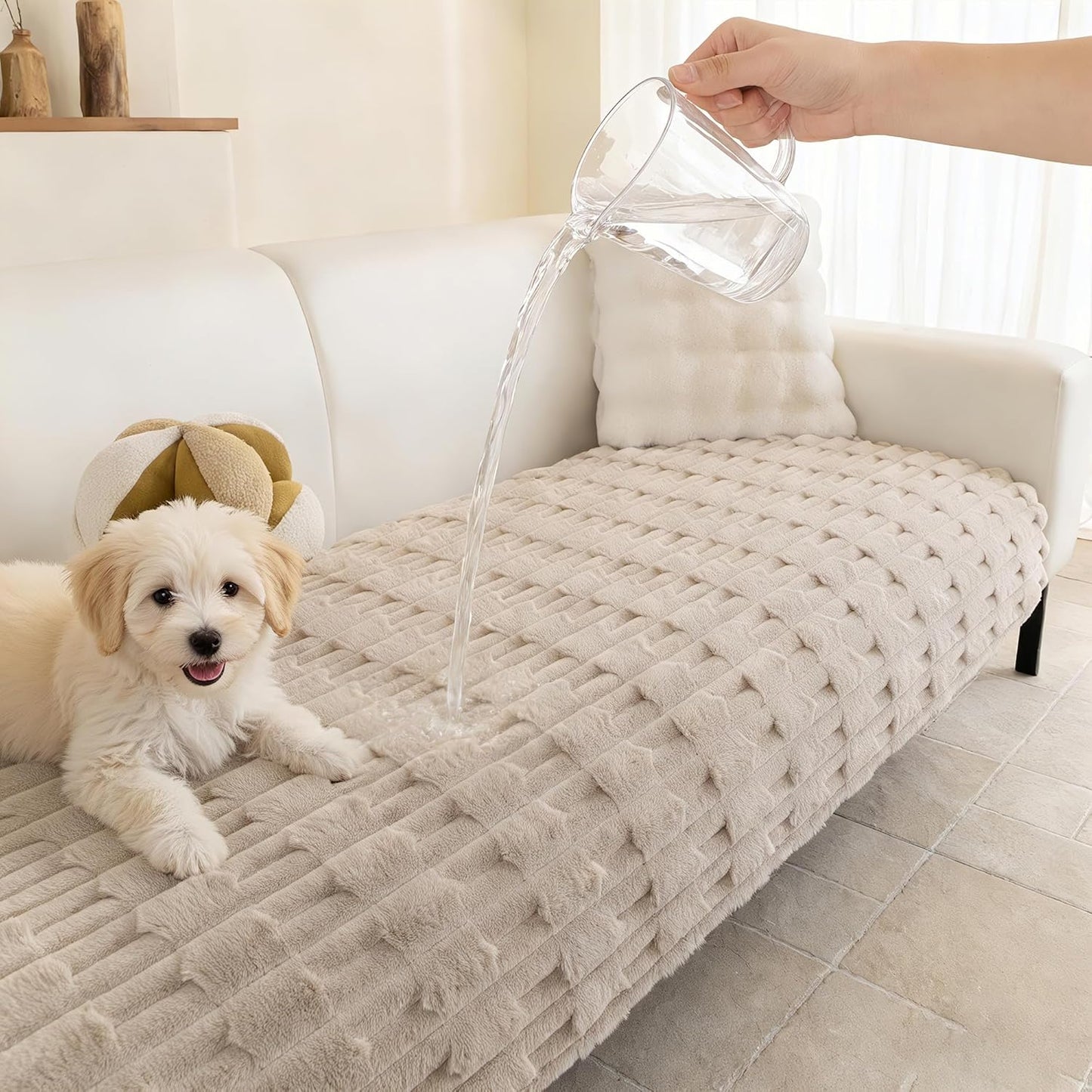 MYSKY HOME 100% Waterproof Couch Cover for Dogs, Plush Pet Couch Covers for Sofa Washable, Couch Covers for 2 Cushion Sofa Pet Friendly, Non-Slip Durable Sofa Cover Slipcover Protector, Cream, 35"x63"