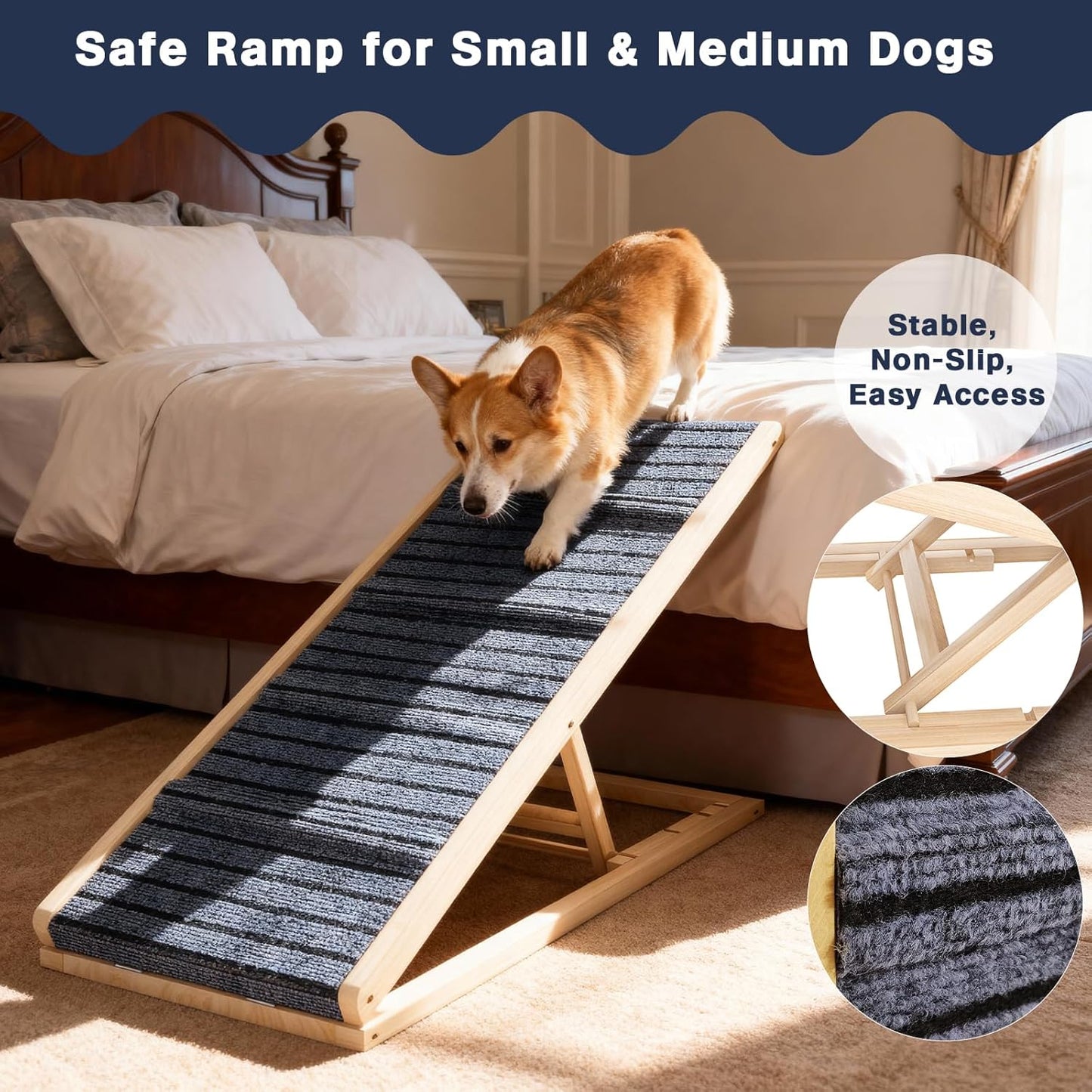 Adjustable Wooden Dog Ramp for Small & Medium Dogs, 27.6" Long x 11.8" Wide Portable Pet Ramp for Bed, Couch, Sofa & Car, Anti-Slip Carpet, Lightweight Foldable Indoor Outdoor Travel Dog Ramp