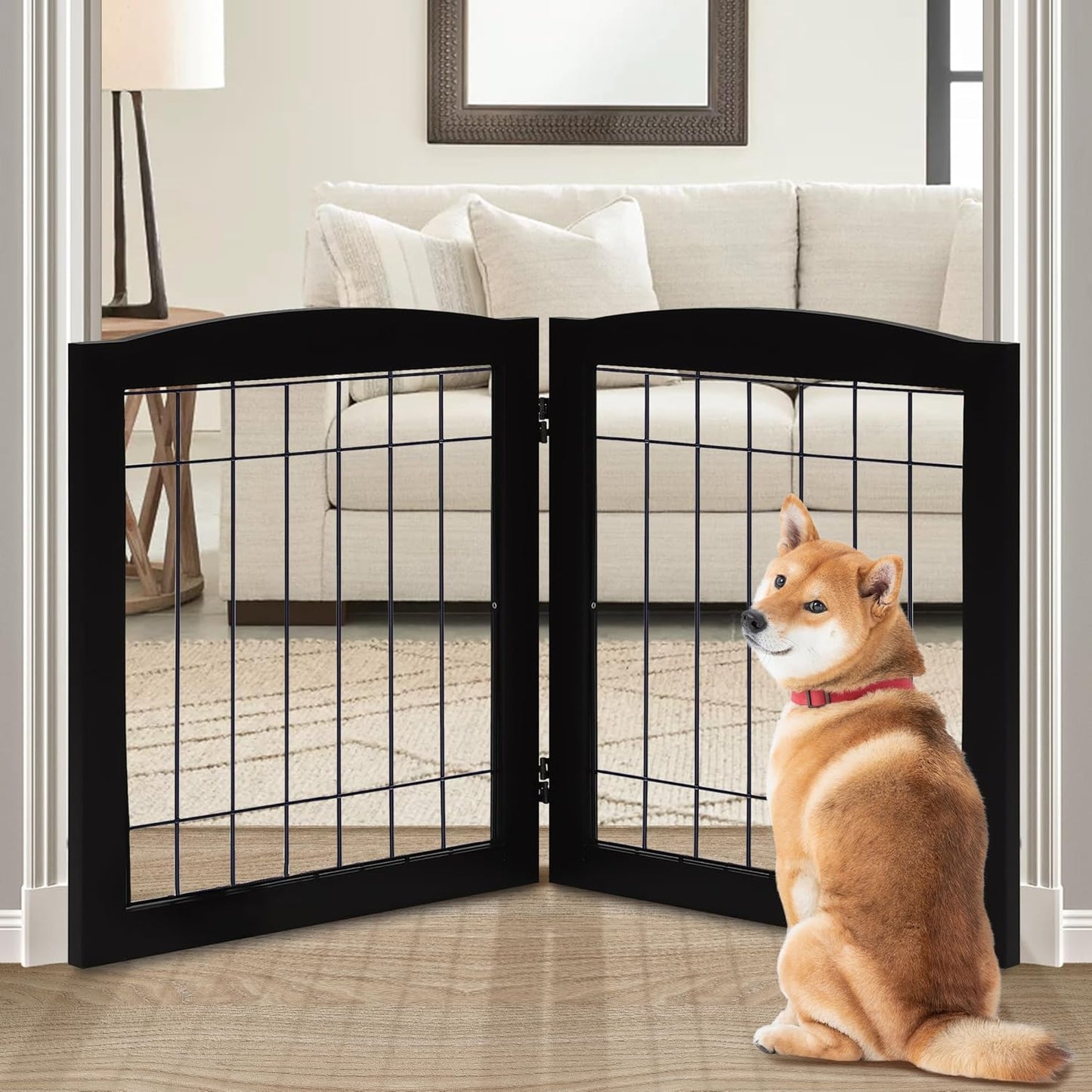 LZRS 2-Panel Freestanding Foldable Wood Dog Gate – Solid Wood & Steel Wire, Chew-Resistant Pet Barrier for Indoor Use, Ideal for Small to Medium Dogs, White