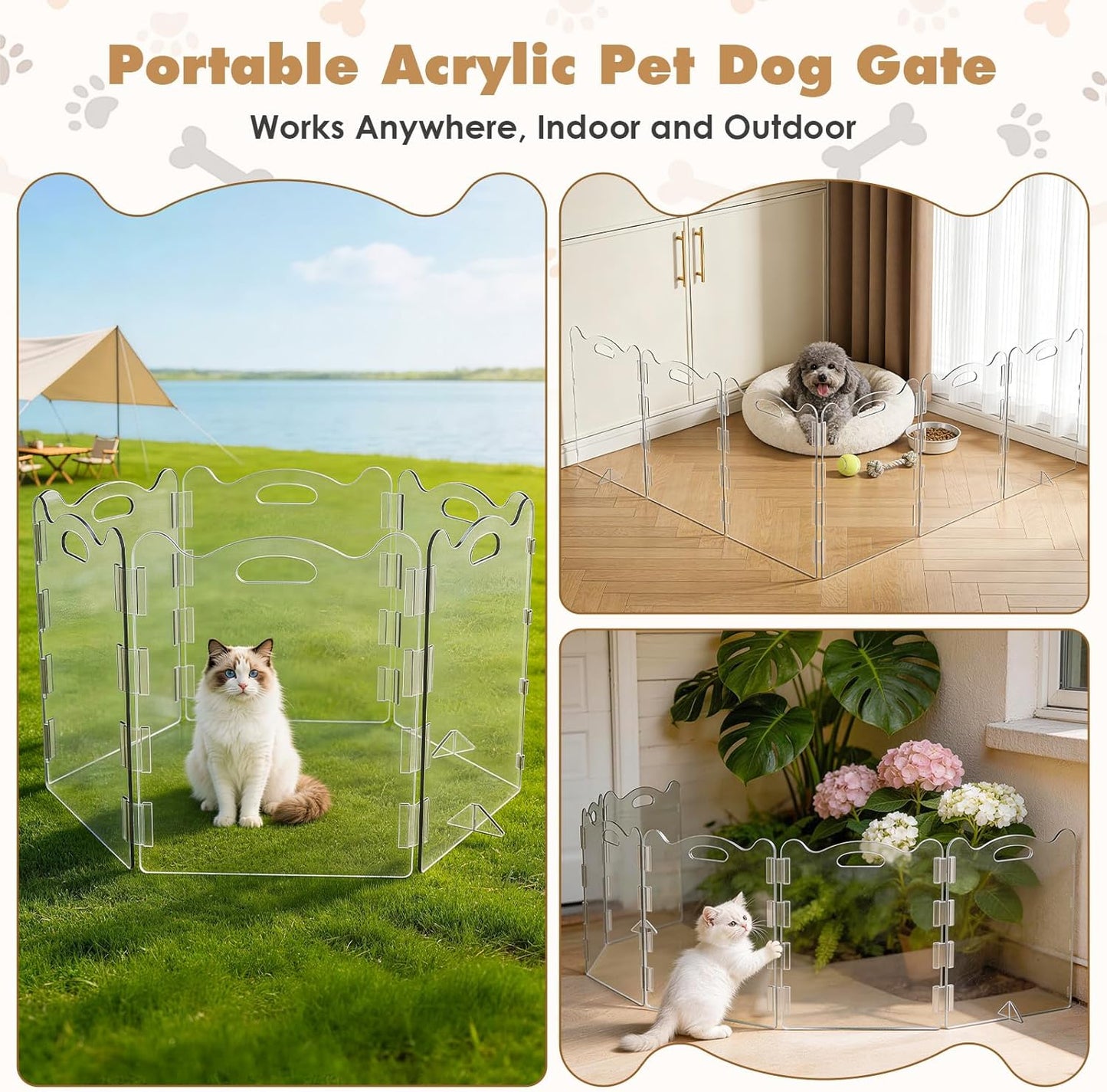 Extra-Wide Clear Acrylic Freestanding Dog Gate with Upgraded Hinges & Stable Support Feet, 6 Panel - 120''W x 24''H for Doorways, Stairs and Open Spaces, Foldable Pet Barrier for Small Puppy Cats