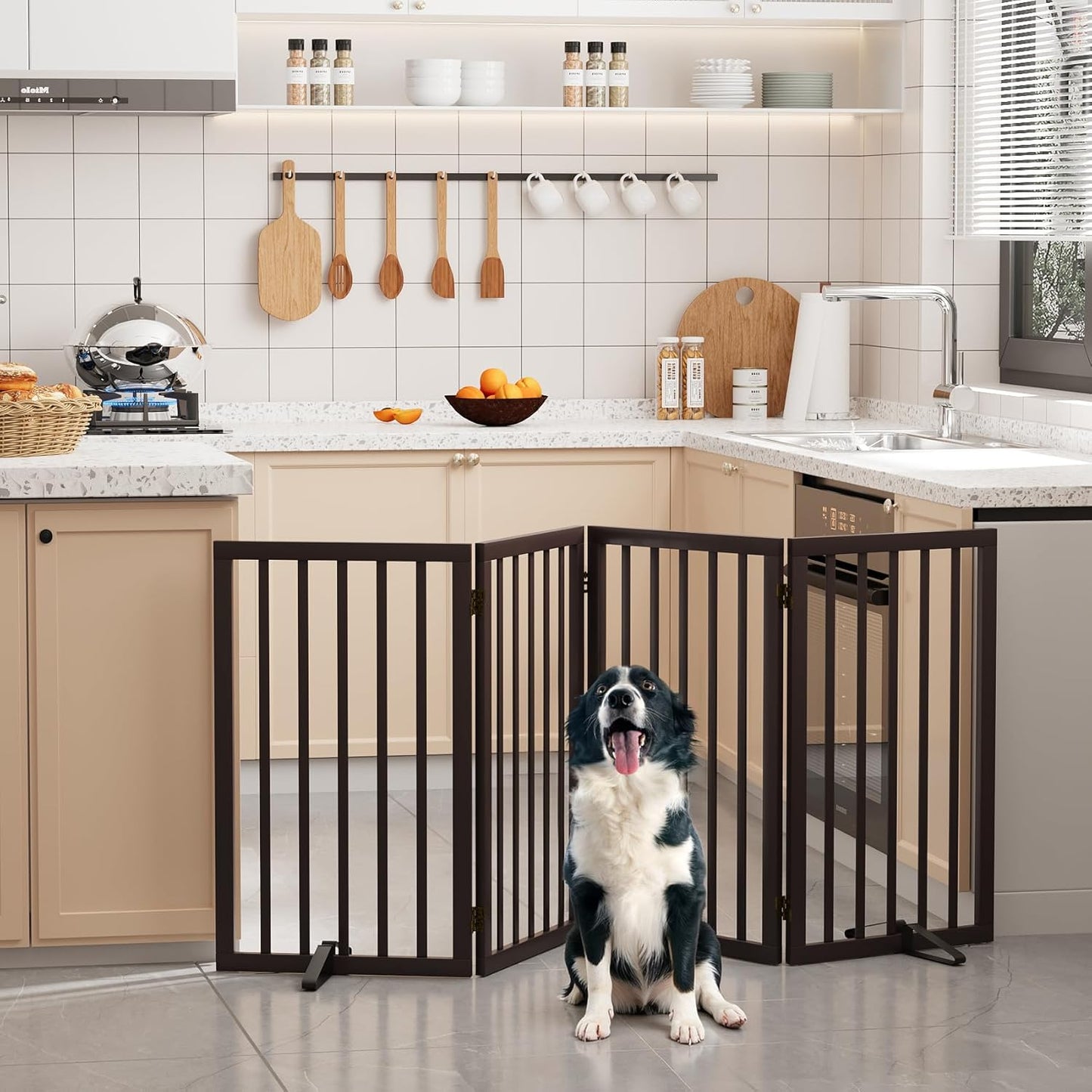 Freestanding Dog Gates Indoor, 3-Panel Pet Gates with 2 Metal Stands and 360° Hinge, 24" H Foldable Dog Gate for Stairs, Doorway, Kitchen, Expands Up to 55" Fully Assembled - Black Walnut