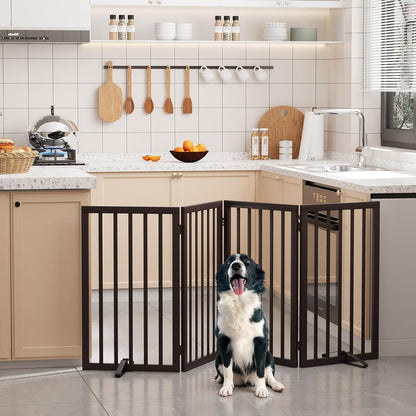 Freestanding Dog Gates Indoor, 3-Panel Pet Gates with 2 Metal Stands and 360° Hinge, 24" H Foldable Dog Gate for Stairs, Doorway, Kitchen, Expands Up to 55" Fully Assembled - Black Walnut