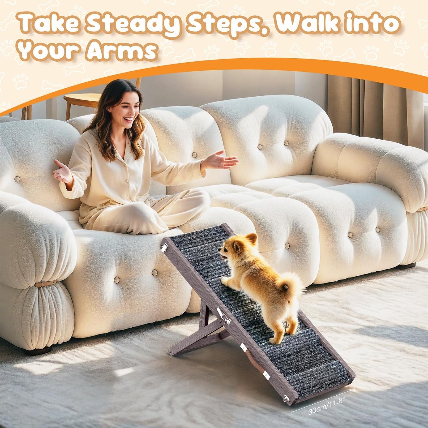 Pawaboo Foldable Dog Ramp, Small Dog Ramp for Couch, 4 Adjustable Height from 13'' to 21", Stable Pet Steps with Non-Slip Pad, Portable Pet Ramps Use for Couch Sofa Stairs, Wood