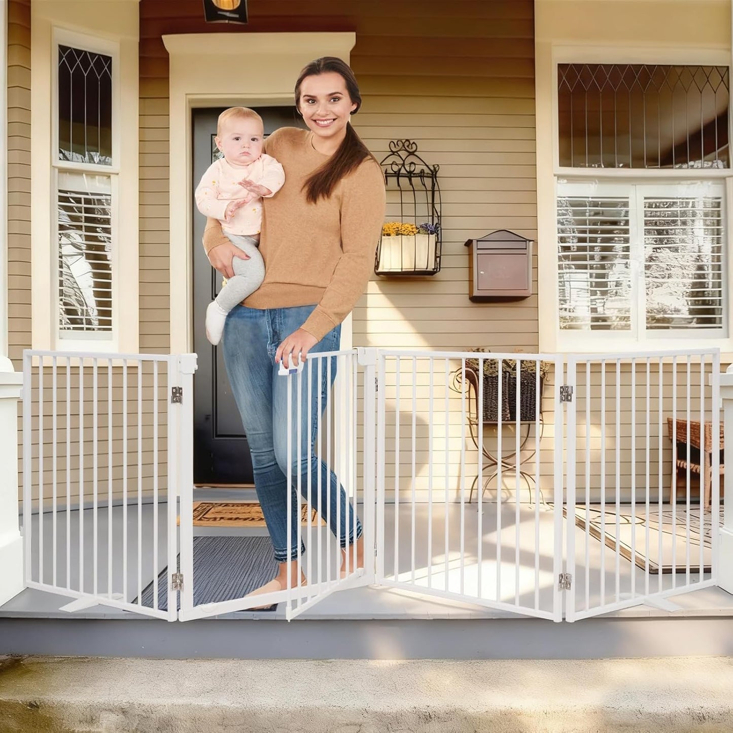 104" Extra Wide Dog Gate, Heavy Duty Metal Freestanding Dog Gate with Door for Indoor & Outdoor, Foldable Pet Fence for Doorways,House,Porch,Deck,Yard,Stairs, Auto Close(4 Panels,Black)
