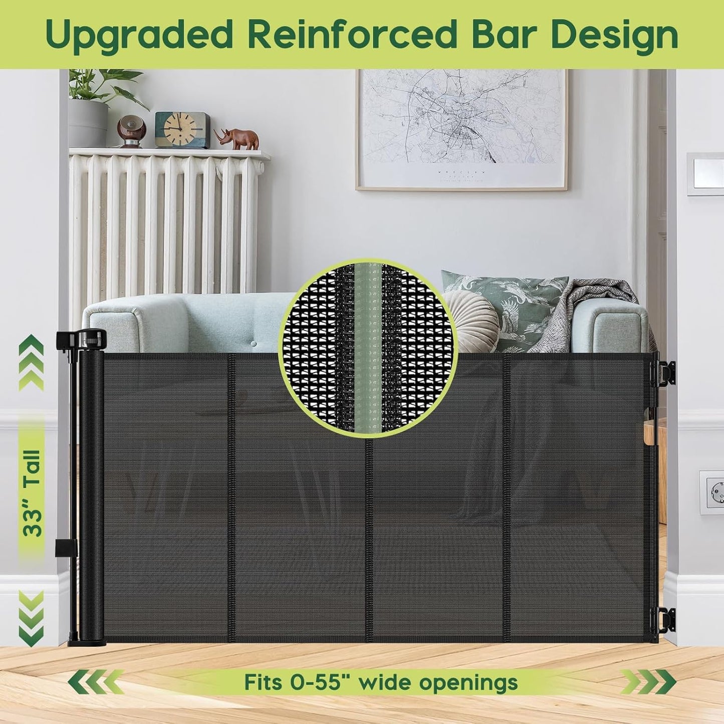 Reinforced 80 Inch Retractable Baby Gate Extra Wide Baby Gate for Wide Openings, Indoor/Outdoor Retractable Dog Gate for Doorway, Mesh Dog Gate Indoor Prevent Babies/Pets from Crawling Under, Black