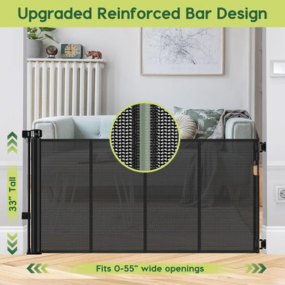 Reinforced 80 Inch Retractable Baby Gate Extra Wide Baby Gate for Wide Openings, Indoor/Outdoor Retractable Dog Gate for Doorway, Mesh Dog Gate Indoor Prevent Babies/Pets from Crawling Under, Black