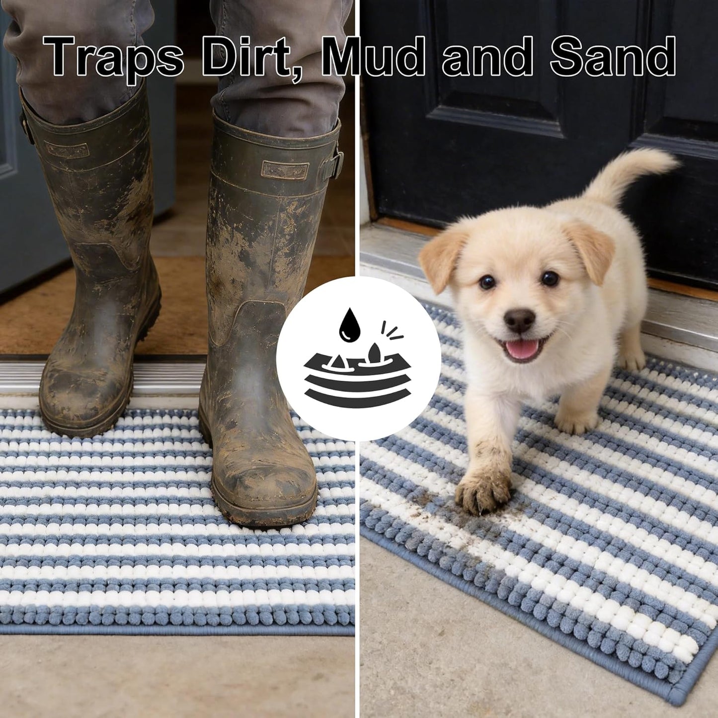 pobopobo Dog Door Mat for Muddy Paws - Absorbent & Washable Chenille Rug, Non-Slip Dirt Trapper for Indoor Outdoor Entryway, Quick Dry Pet Mat for Muddy Dogs (Striped Gray-Blue&White, 24" x 16")