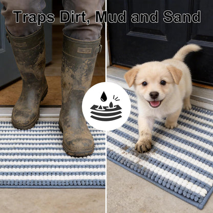 pobopobo Dog Door Mat for Muddy Paws - Absorbent & Washable Chenille Rug, Non-Slip Dirt Trapper for Indoor Outdoor Entryway, Quick Dry Pet Mat for Muddy Dogs (Striped Gray-Blue&White, 24" x 16")