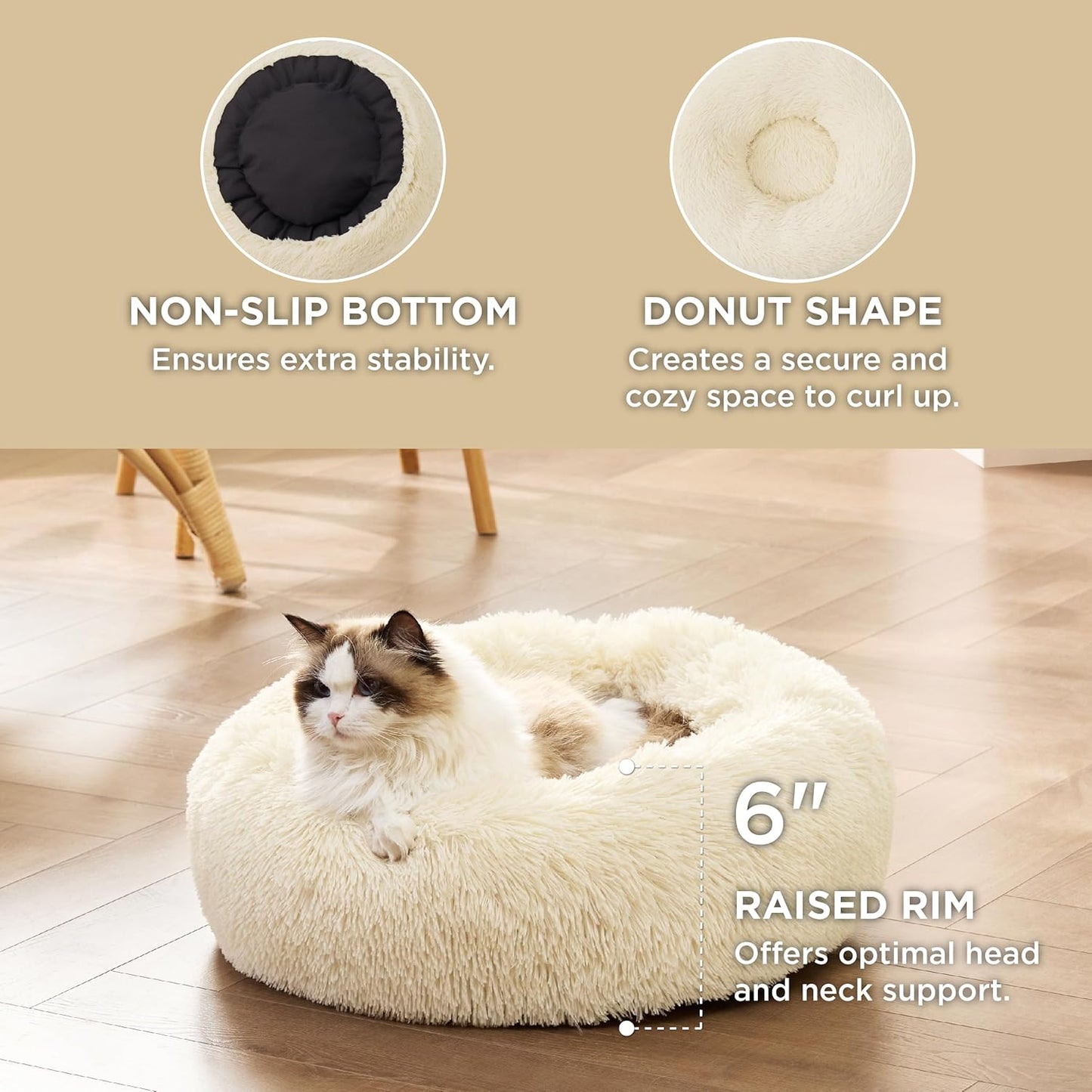 Bedsure Calming Dog Bed Medium Size Dog - Donut Washable Medium Pet Bed, 30 inches Anti-Slip Round Fluffy Plush Faux Fur Cat Bed, Fits up to 45 lbs Pets, Camel