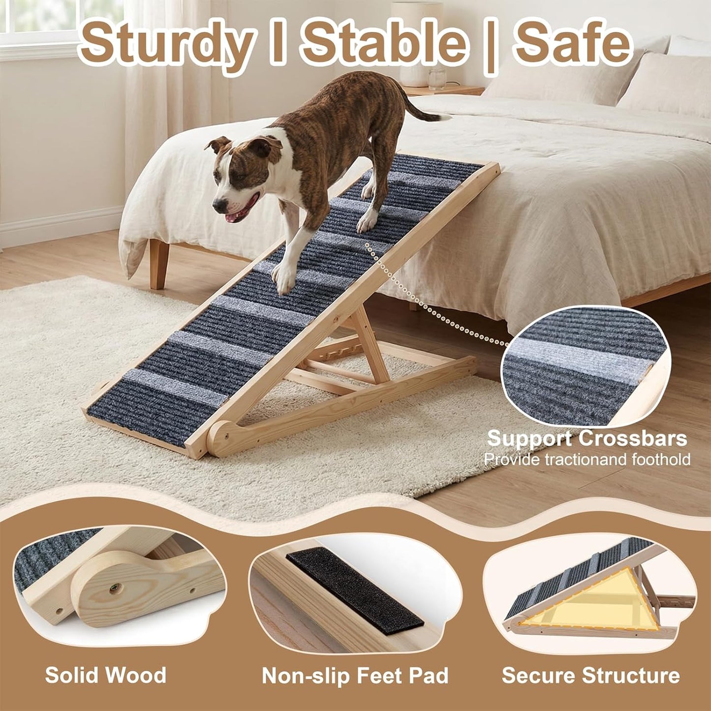 Dog Ramp for Bed, for Couch, 47.24" Long Wooden Pet Ramp for Small & Large Dogs to Get on Bed Couch Car Up to 200LBS, 4 Adjustable Heights (13.7"-24.6"), Foldable Dog Bed Ramp with Anti-Slip Surface