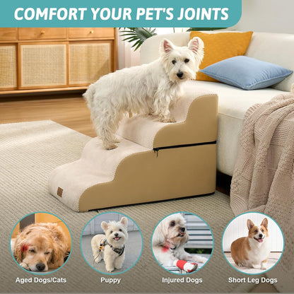 COZY KISS Extra Wide Dog Stairs with Tunnel, Foam Detachable Large Dog Step for Small Pet, Puppy or Cats, Medium Pet Ramp for High Bed, Couch, Sofa or Car, 19.7x33x22.4 inch, 5 Step, Beige