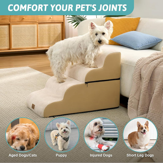 COZY KISS Extra Wide Dog Stairs with Tunnel, Foam Detachable Large Dog Step for Small Pet, Puppy or Cats, Medium Pet Ramp for High Bed, Couch, Sofa or Car, 19.7x33x22.4 inch, 5 Step, Beige