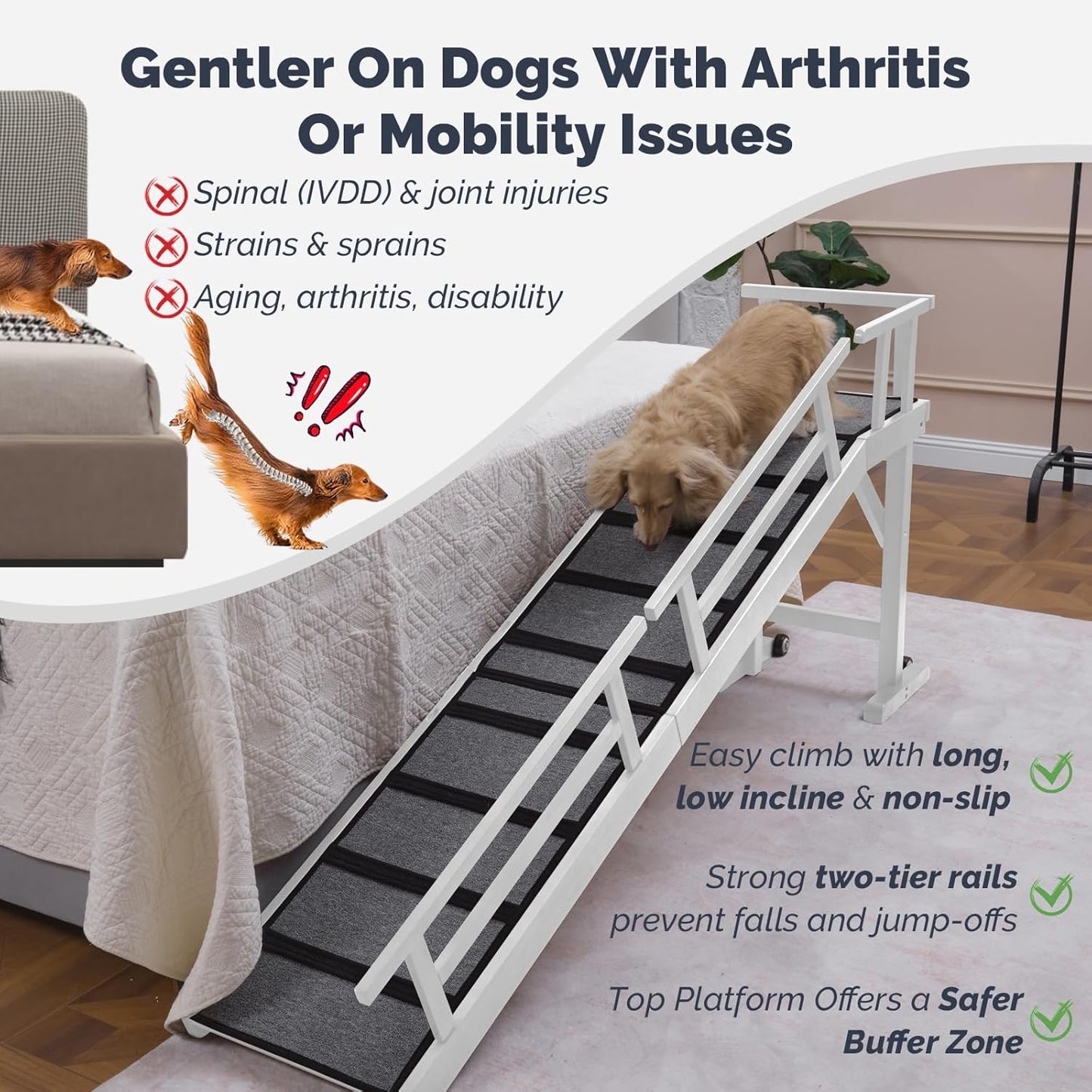 Dog Ramp for Bed or Couch, Wooden Pet Ramp with 20° Gentle Slope, Removable Side Rails, Non-Slip Surface, Top Platform & Wheels, Safe Bed Ramp for Small, Large & Senior Dogs, 60" Long, Mahogany