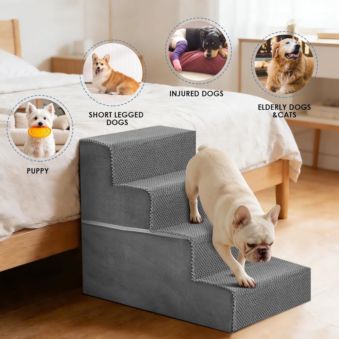 DUMOS Dog Stairs for Small and Medium Dogs, 3-Step Pet Steps with High-Density Foam, Indoor Non-Slip Pet Ramp for Puppy and Older Dogs Cats, Dog Bed Stairs for Couch and Sofa, Grey