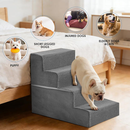 DUMOS Dog Stairs for Small and Medium Dogs, 3-Step Pet Steps with High-Density Foam, Indoor Non-Slip Pet Ramp for Puppy and Older Dogs Cats, Dog Bed Stairs for Couch and Sofa, Grey
