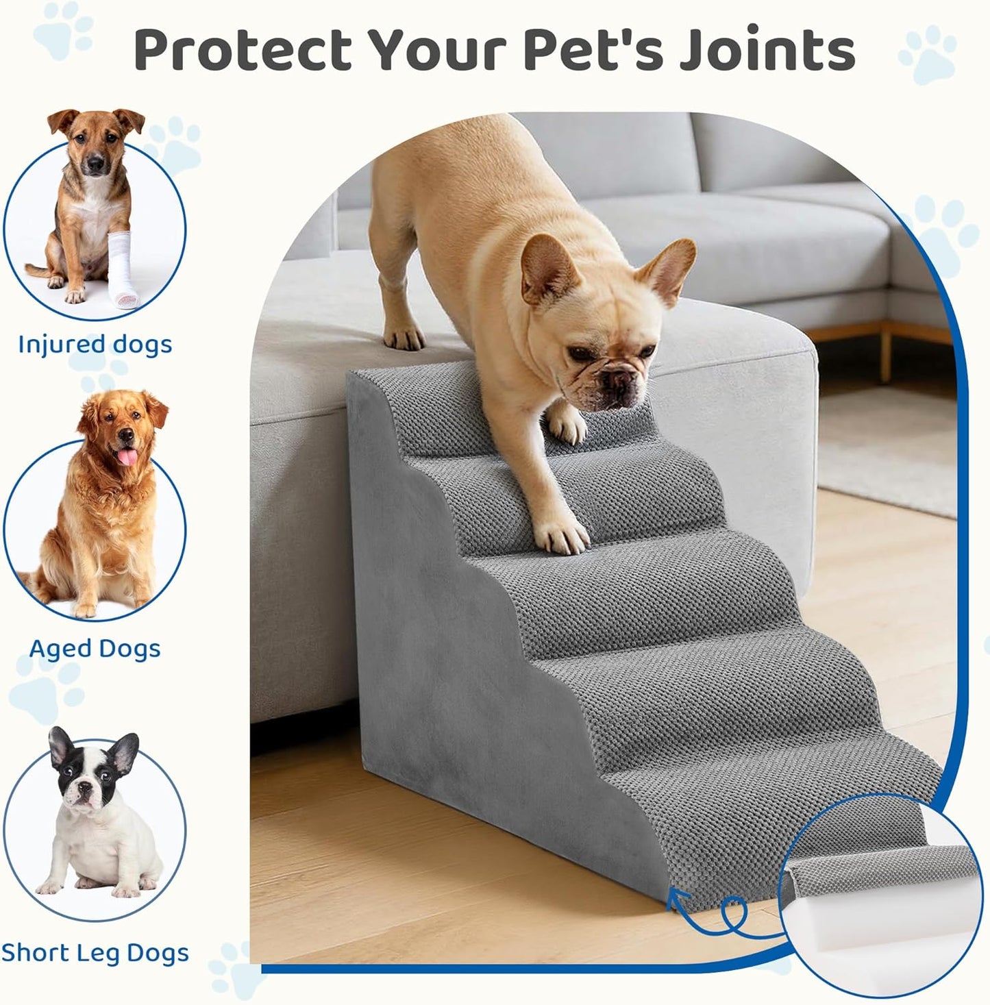 DUMOS Dog Stairs for Small and Medium Dogs, 3-Step Pet Steps with High-Density Foam, Indoor Non-Slip Pet Ramp for Puppy and Older Dogs Cats, Dog Bed Stairs for Couch and Sofa, Grey