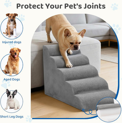 DUMOS Dog Stairs for Small and Medium Dogs, 3-Step Pet Steps with High-Density Foam, Indoor Non-Slip Pet Ramp for Puppy and Older Dogs Cats, Dog Bed Stairs for Couch and Sofa, Grey