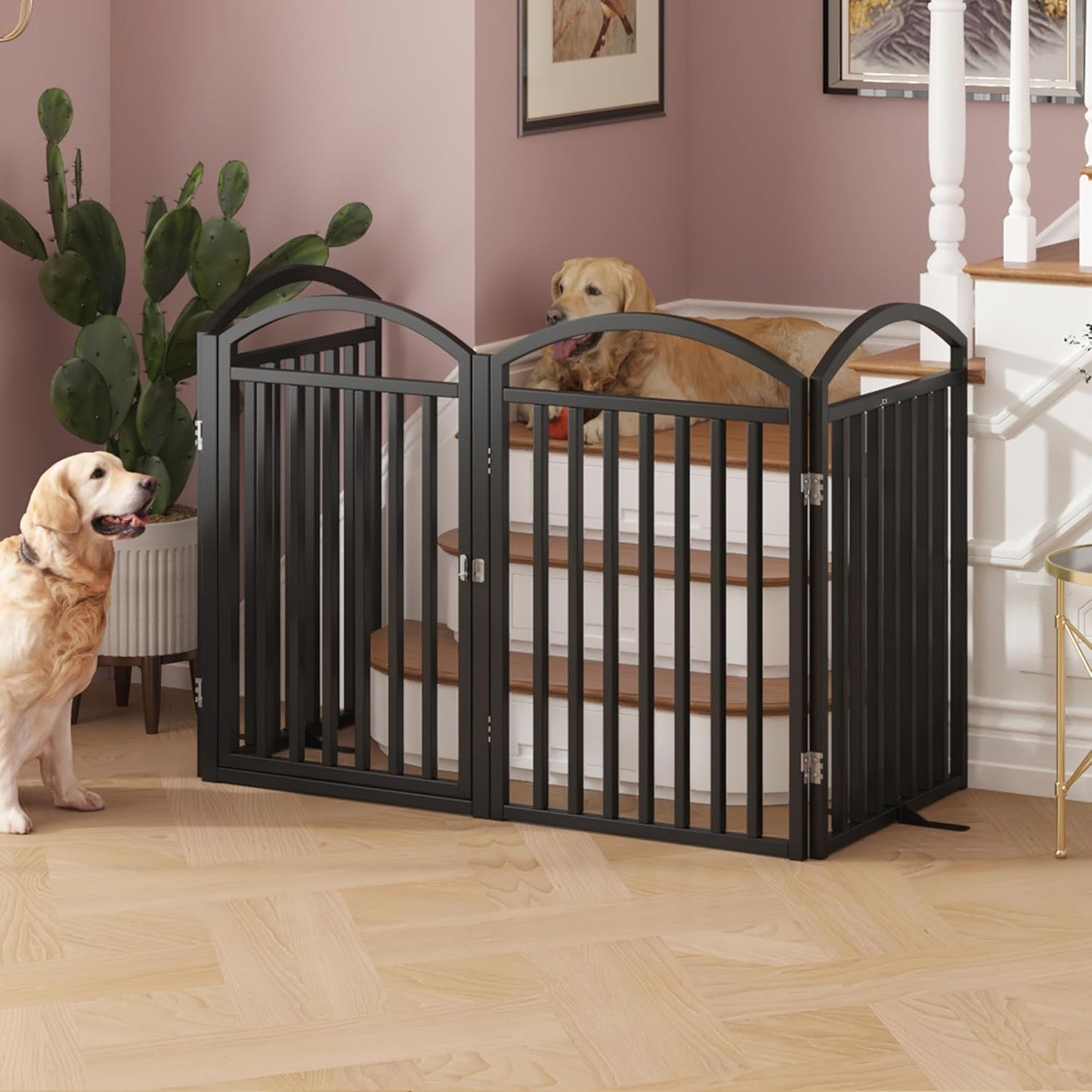 Folding No-Assembly Freestanding Dog Gate with Door,32" Heights Foldable Pet Fence,144" Extra Wide Accordion Puppy Folding Playpen for Doorways,House,Stairs (6 Panels,White)