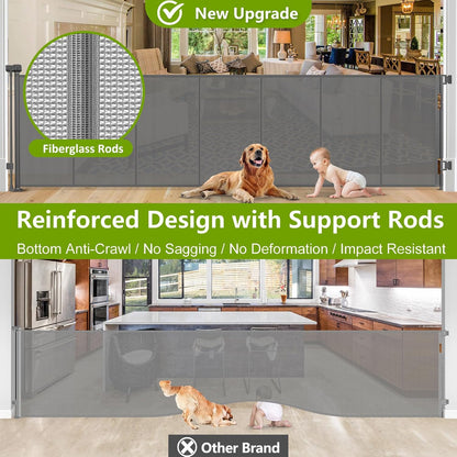Reinforced 42" Tall Retractable Dog Gate, 155" Extra Long Retractable Baby Gate with Support Rods - Prevent Crawling Under, Indoor/Outdoor Retractable Gate Extra Tall Baby Gate Retractable Fence/Black