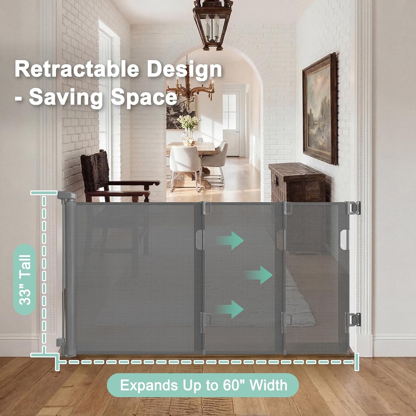 Retractable Dog Gate for Doorways, Indoor/Outdoor Safety Mesh Baby Gates for Stairs, 33" Tall Expands Up To 60" Width, Space-Saving&One Handed Operation Puertas Para Bebes for Hallways, Decks, Porches