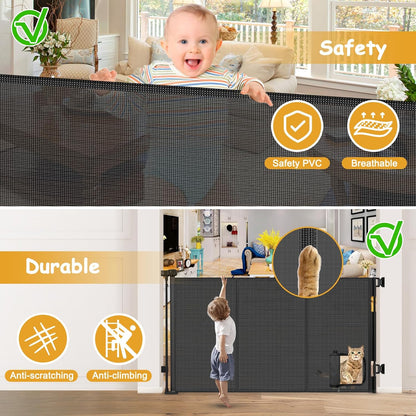 Reinforced 60” Wide Retractable Dog Gate with Cat Door Gates for Pets with Reinforced Strips 33” Tall Mesh Baby Gate Retractable Pet Gates for Dogs Indoor with Door Cats Can in and Out Freely, Gray