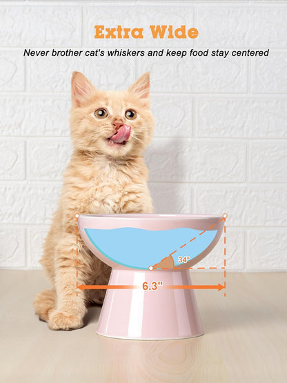 LoeJan Elevated Cat Food and Water Bowls Set, Extra Wide and Raised Ceramic Bowls, Anti-Vomit Whisker-Free Pressure Cat Feeder for Kittens to Adult Cats and Small Dogs (White, Water Bowl)