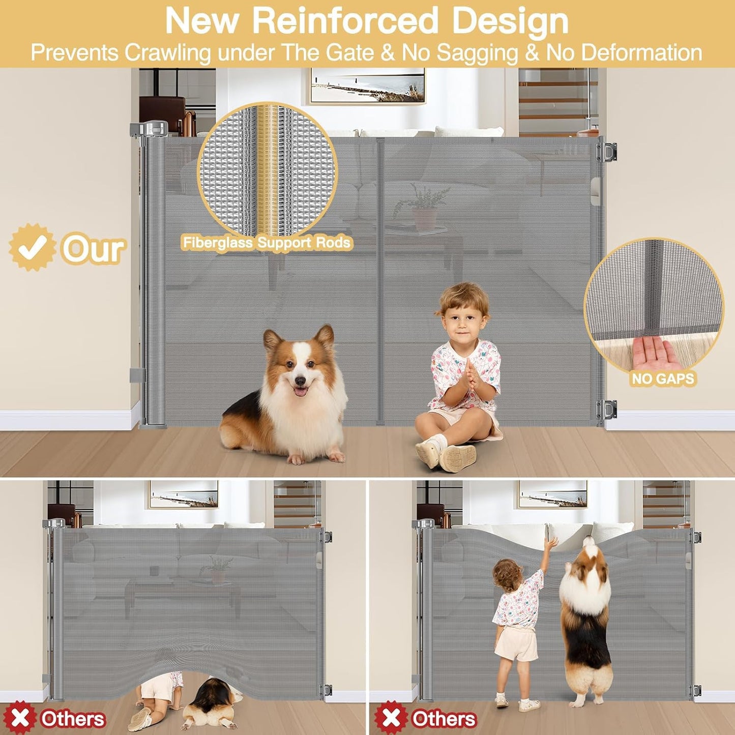 Reinforced 42" Tall Retractable Dog Gate, 155" Extra Long Retractable Baby Gate with Support Rods - Prevent Crawling Under, Indoor/Outdoor Retractable Gate Extra Tall Baby Gate Retractable Fence/Black