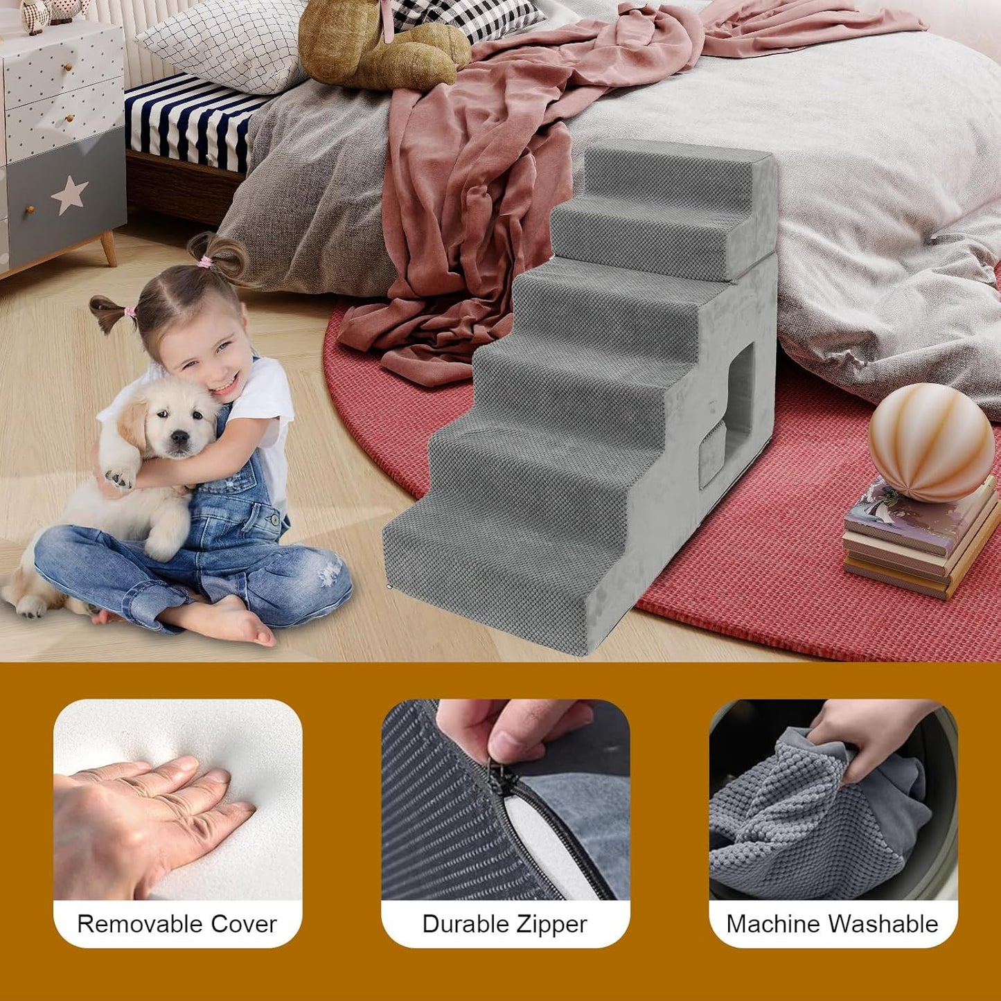 Dog Stairs for Small Dogs, 6-Step Dog Steps for High Bed, High-Density Foam Pet Stairs with Non-Slip Removable Washable Cover to Get on Bed