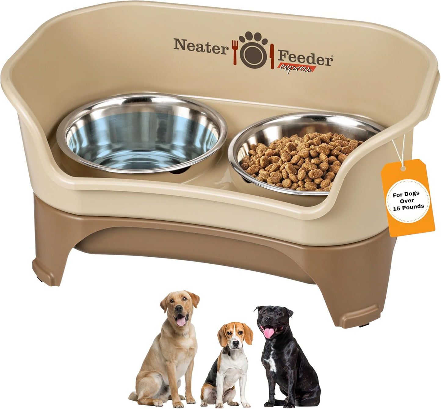 Neater Feeder Express Mess Proof Dog Bowls Elevated for Small Breeds under 15 Lb, Made in USA, No Spill Raised Dog Food Bowl Stand, Stainless Steel Food and Water Bowl Set, Feeding Station, Cappuccino