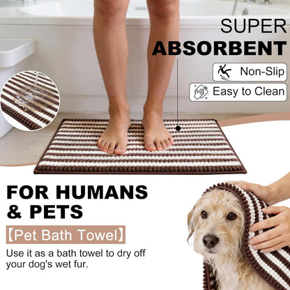 pobopobo Dog Door Mat for Muddy Paws - Absorbent & Washable Chenille Rug, Non-Slip Dirt Trapper for Indoor Outdoor Entryway, Quick Dry Pet Mat for Muddy Dogs (Striped Gray-Blue&White, 24" x 16")
